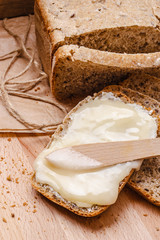 Still life fresh bread with butter and honey