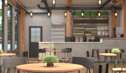 Interior of a cafe with a bar counter. Blurred background and table surface in the foreground. 3D rendering with depth of field.