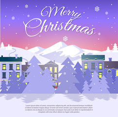Fototapeta na wymiar Postcard with Merry Christmas on City Background