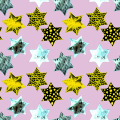 Seamless Watercolor Stars Pattern. Magic Festive Background. Hand Drawn Doodle Stars. Baby Design. Abstract Rapport for Wallpaper, Textile, Linen, Wrapping, Posters, Cards, Banner. New Year, Birthday 