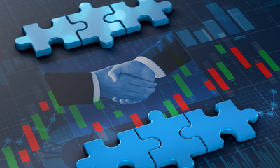 merger and acquisition business concept, join company on puzzle pieces, 3d