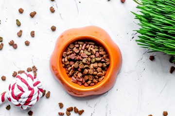 dry cat food in bowl on stone background top view