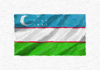 Uzbekistan hand painted waving national flag, oil paint isolated on white canvas, 3D illustration.