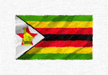Zimbabwe hand painted waving national flag, oil paint isolated on white canvas, 3D illustration.
