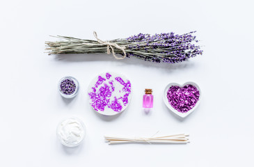 lavender herbs in body care cosmetics top view space for text