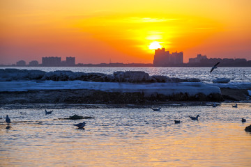 The sunset at the seaside in winter