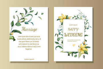 Set of card with flowers, leaves. Wedding botanical ornament. Floral poster, invite. Vector decorative greeting card or invitation design background
