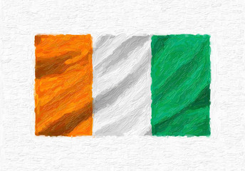 Ivory Coast hand painted waving national flag, oil paint isolated on white canvas, 3D illustration.