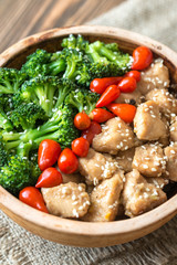 Bowl of broccoli and chicken stir-fry