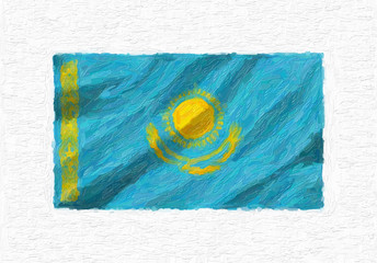 Kazakhstan hand painted waving national flag, oil paint isolated on white canvas, 3D illustration.