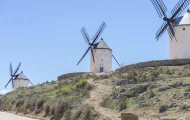 Beautiful summer above the windmills on the field in Spain