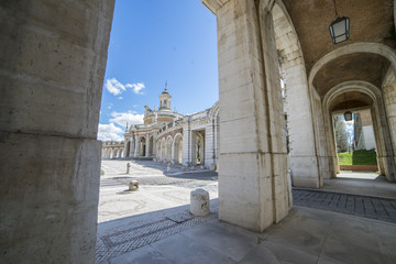 Fototapeta na wymiar Church, Old arcs, architecture. A sight of the palace of Aranjuez (a museum nowadays), monument of the 18th century, royal residence Spain.
