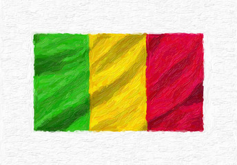 Mali hand painted waving national flag, oil paint isolated on white canvas, 3D illustration.