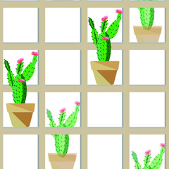 Cactus in flowerpot on shelf. Combination of floral cactus pattern and geometric ornament. Vector illustration of seamless background for wallpaper design, packing, textiles, posters.