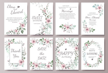 Set of card with flower rose, leaves. Wedding ornament concept. Floral magazine, poster, invite. Vector layout decorative greeting card or invitation design background
