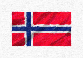 Norway hand painted waving national flag, oil paint isolated on white canvas, 3D illustration.