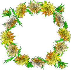 Decorative wreath of summer dandelion flowers. Vector drawing for the design of postcards, posters, invitations, advertising, stickers, advertising.