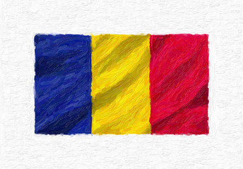 Romania hand painted waving national flag, oil paint isolated on white canvas, 3D illustration.