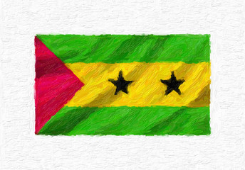 Sao Tome and Principe hand painted waving national flag, oil paint isolated on white canvas, 3D illustration.