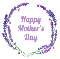 Watercolor card Happy Mother`s day, lavender wreath