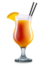 Mimosa cocktail or mocktail in hurricane glass with slice of orange and black straw isolated on white background. Clipping path