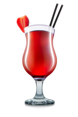 Cosmopolitan cocktail in hurricane glass with strawberry and black straw on white background with clipping path