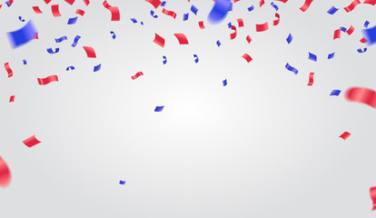 Celebration background template with confetti and ribbons red and blue