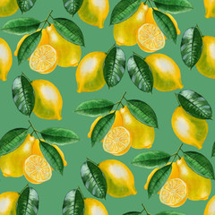 Ripe lemons Watercolor set. Citrus pattern on green background. Design elements for background, banner,holiday card design. Hand painting artistic texture