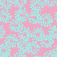 Fototapeta na wymiar Vector seamless pastel pattern with doodle flowers. Blue and pink colors