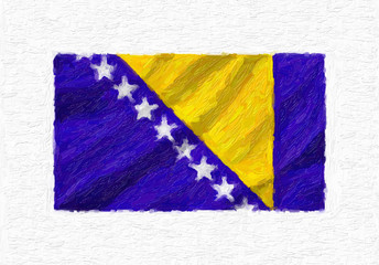 Bosnia and Herzegovina hand painted waving national flag, oil paint isolated on white canvas, 3D illustration.