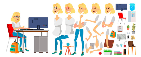 Business Woman Character Vector. Working Female Blonde Girl. Business Character Working At Office Desk. Animation Set. Attractive Lady. Emotions. Cartoon Illustration