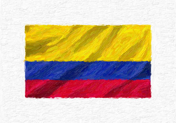 Colombia hand painted waving national flag, oil paint isolated on white canvas, 3D illustration.