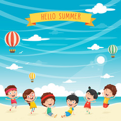 Vector Illustration Of Kids Playing At Beach