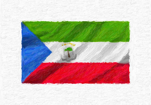 Equatorial Guinea hand painted waving national flag, oil paint isolated on white canvas, 3D illustration.