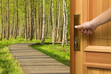  Welcome spring. Woman's hand at home opening the wooden door with view on footpath through natural green forest with illuminated sunbeams. Start a new day with breathing of fresh air.  © fotoduets