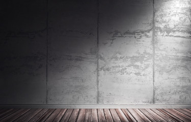 3d rendering illustration of grungy room with dirty concrete cement wall and wooden parquet floor. Underground showroom with directional light.
