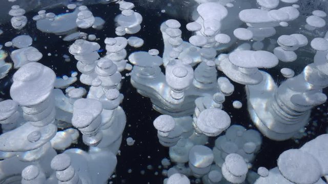 Unique Lake Baikal blue clear transparent ice shiny bubbles deep cracks Picturesque rainbow shimmering depth. Tourist attraction. Snowy circles inside. Winter icy cold day. Russia Arctic. Close-up