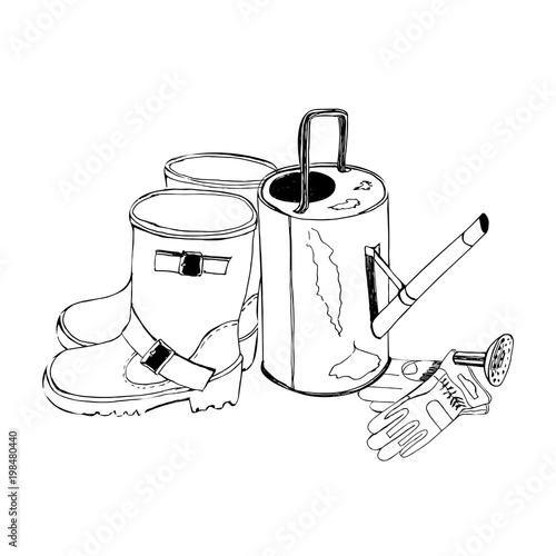 Sketch with garden gloves, watering can and rubber boots