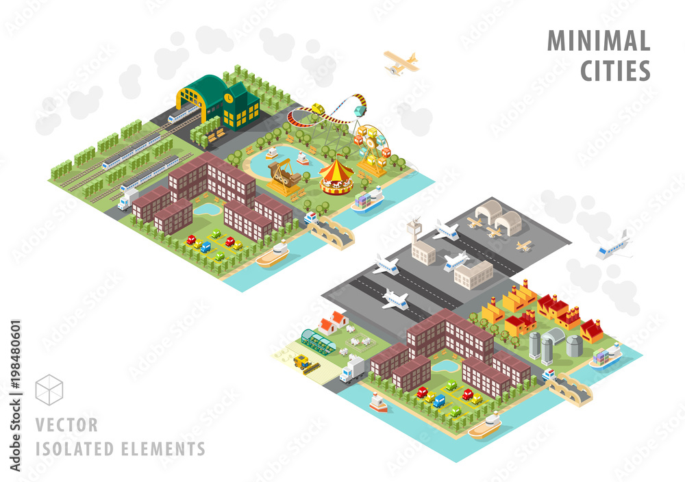 Poster set of isolated isometric minimal city maps . elements with shadows on white background