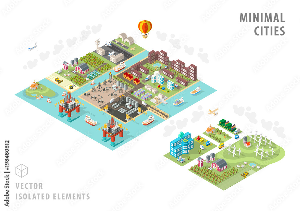 Poster set of isolated isometric minimal city maps . elements with shadows on white background