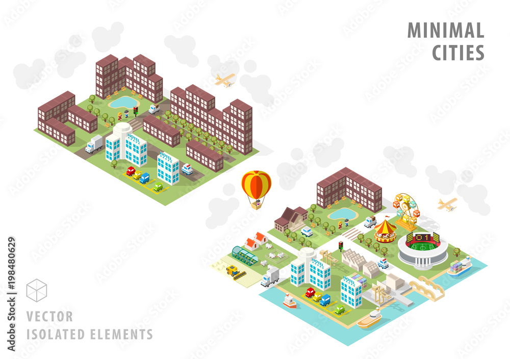 Poster set of isolated isometric minimal city maps . elements with shadows on white background