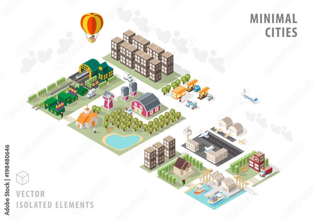 Poster set of isolated isometric minimal city maps . elements with shadows on white background