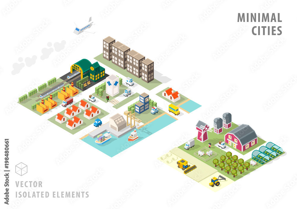 Poster set of isolated isometric minimal city maps . elements with shadows on white background