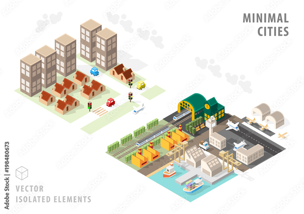 Poster set of isolated isometric minimal city maps . elements with shadows on white background