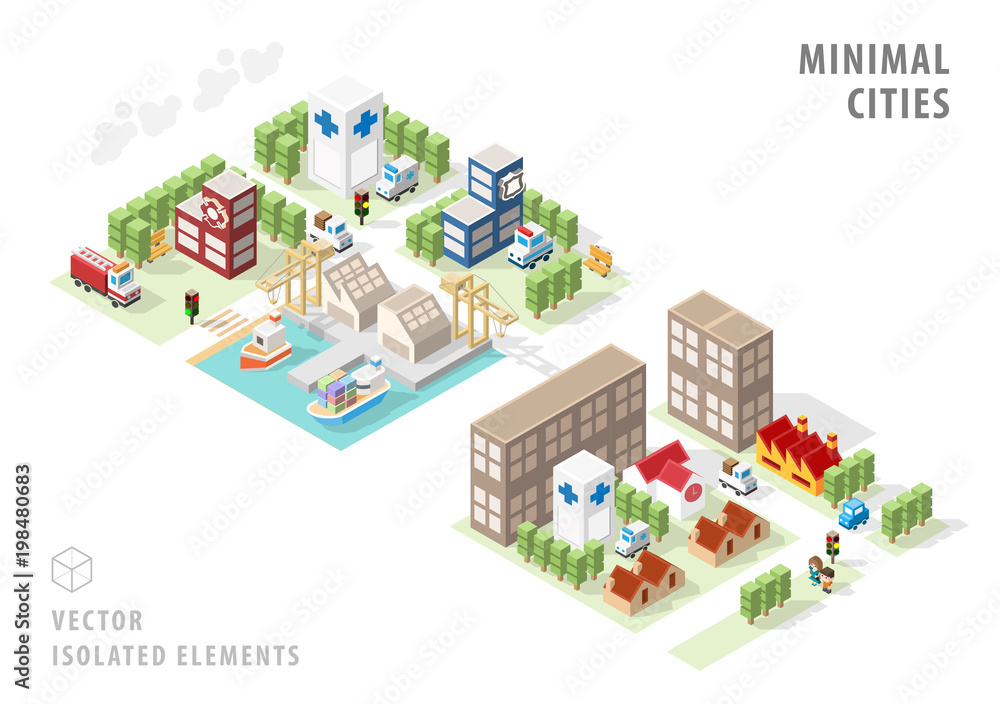 Poster set of isolated isometric minimal city maps . elements with shadows on white background