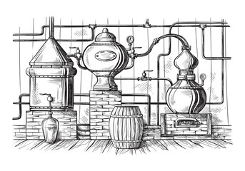 alembic still for making alcohol inside distillery, destilling spirits sketch - obrazy, fototapety, plakaty