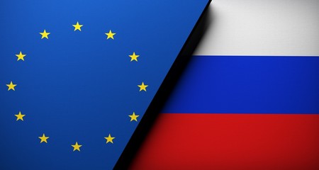 3D Rendering Of European Union Vs Russia Flag Concept Cloth Texture