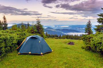 tent on the green grass in the mountains - Powered by Adobe
