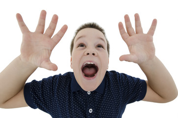 Socked boy looking up with his hands up. Isolated on white background