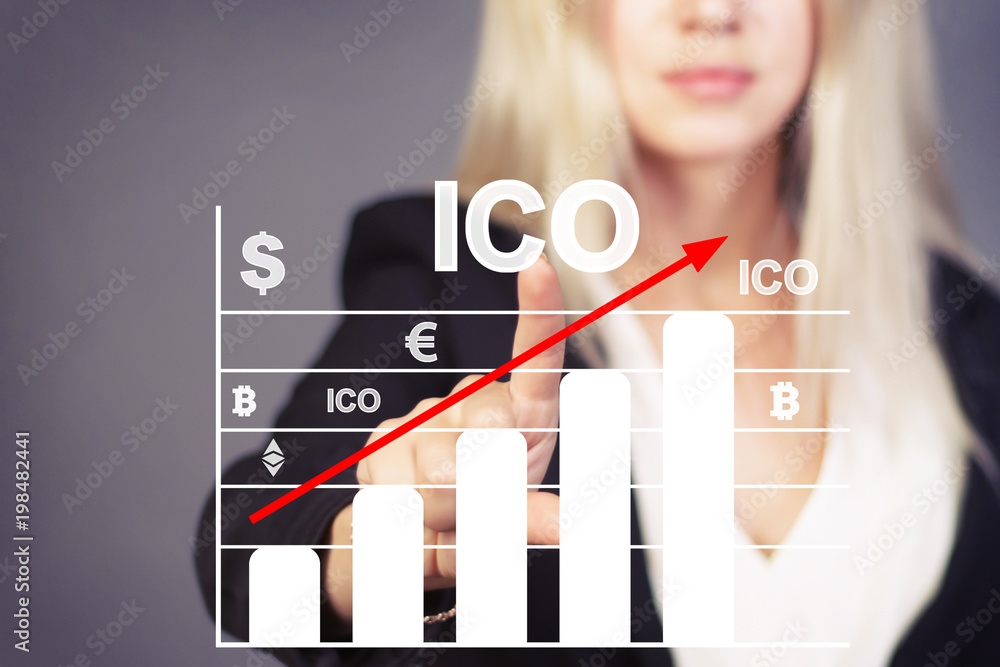 Poster businessman presses button ico initial coin offering chart diagram on virtual interface